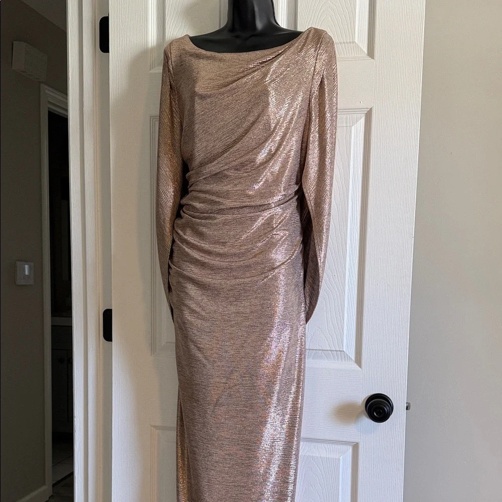 R&M Richards Metallic Taupe Long Sleeve Ruched Cocktail Dress
